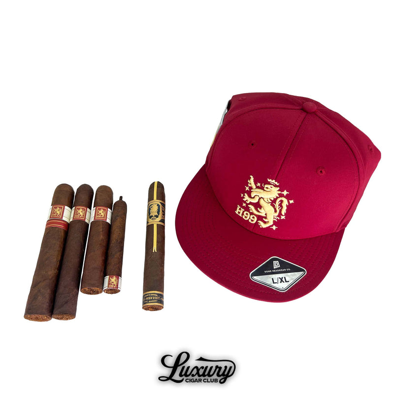 Close up of Liga Privada Black Friday 2025 Freebie Sampler No 1 showing H99 and T52 cigars arranged by Luxury Cigar Club.