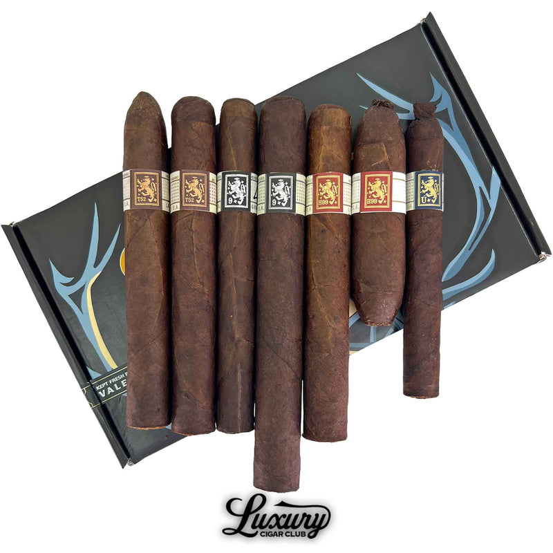Liga Privada Black Friday 2025 Freebie Sampler No 2 close up showing mixed Liga Privada cigars arranged on sampler box presented by Luxury Cigar Club
