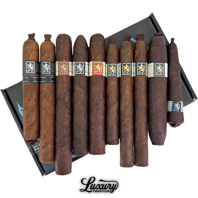 Luxury Cigar Club close up product image highlighting the Liga Privada Black Friday 2025 Freebie Sampler No 3 cigars featuring multiple Liga Privada blends lined up to display their bands and wrapper colors.