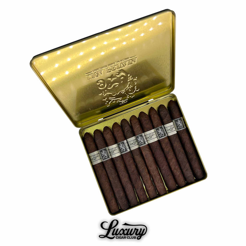 Open Drew Estate Liga Privada No. 9 Coronets cigar tin with dark brown cigars inside golden embossed lid, Luxury Cigar Club logo