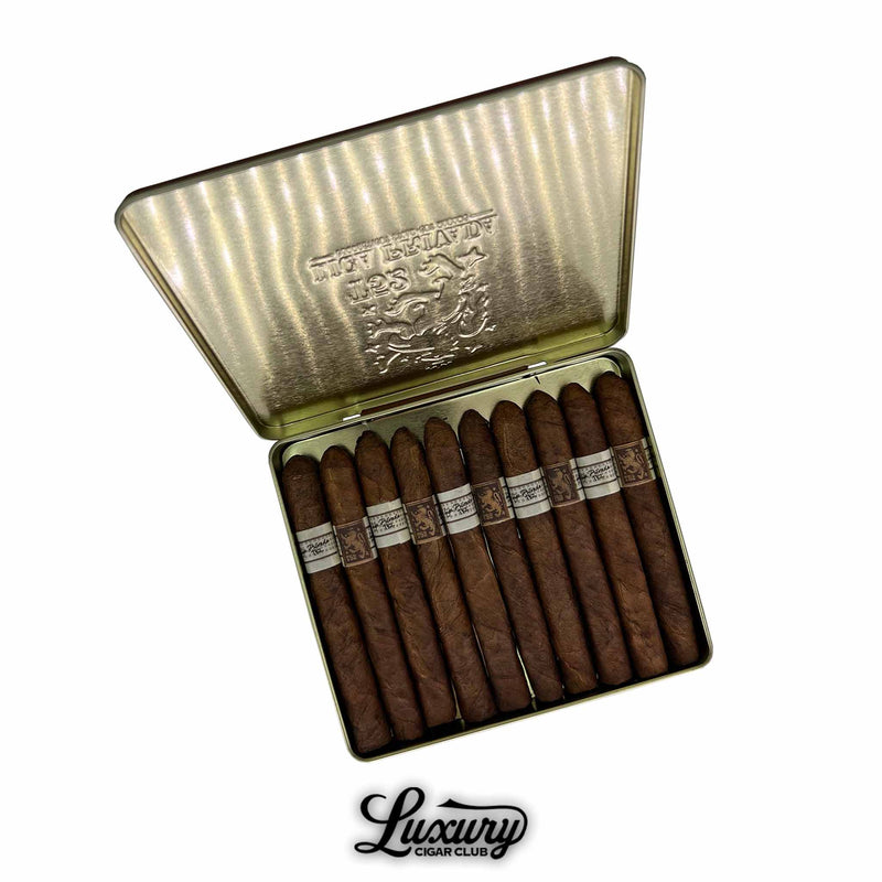 Open Drew Estate Liga Privada T52 Coronets cigar tin with dark brown cigars inside golden embossed lid, Luxury Cigar Club logo