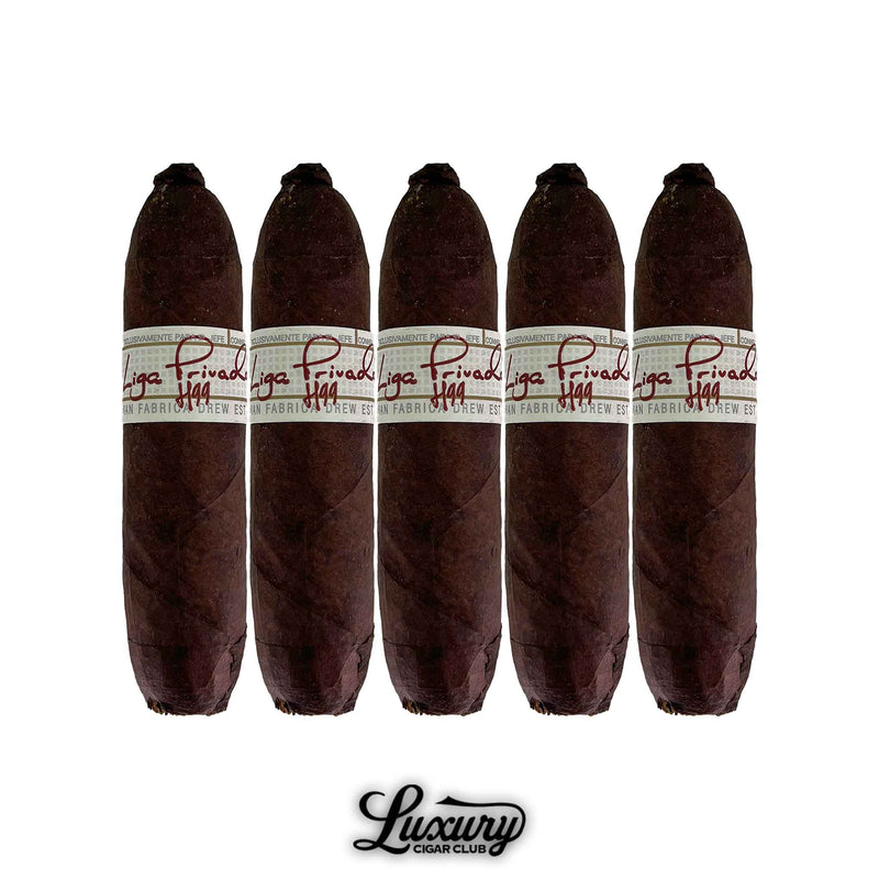 Five-pack of Liga Privada H99 Flying Pig cigars with Connecticut Corojo wrapper arranged vertically.
