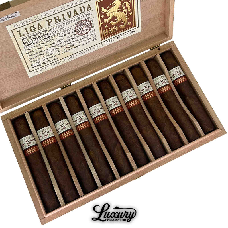 Luxury Cigar Club close-up of Liga Privada H99 Super Ancho cigars with red and white bands in open box.