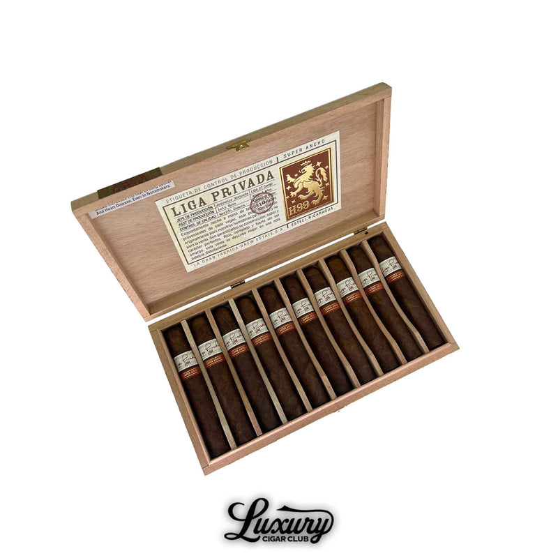 Luxury Cigar Club box of Liga Privada H99 Super Ancho cigars by Drew Estate with rich wrappers and bold branding.