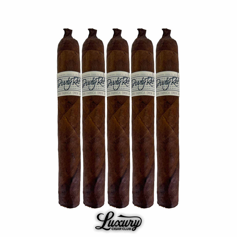 Five Liga Privada Único Series Dirty Rat cigars standing upright in a row with dark oily wrappers, closed foot, and pigtail caps, displayed with Luxury Cigar Club branding.