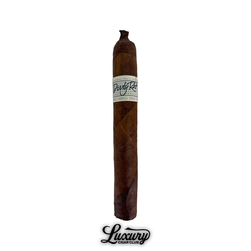 Single Liga Privada Único Series Dirty Rat cigar with a rustic dark wrapper, pigtail cap, and bold white band reading “Dirty Rat,” shown with Luxury Cigar Club logo.