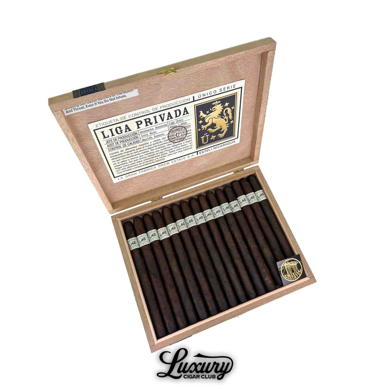 Open box of Liga Privada Único Serie L40 Lancero cigars arranged neatly inside, available at Luxury Cigar Club.