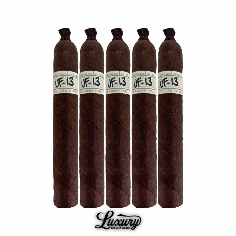 Five Liga Privada Único Series UF 13 Dark cigars positioned together with dark, oily wrappers and pigtail caps, each labeled with white and blue “UF 13” bands, shown with Luxury Cigar Club watermark.