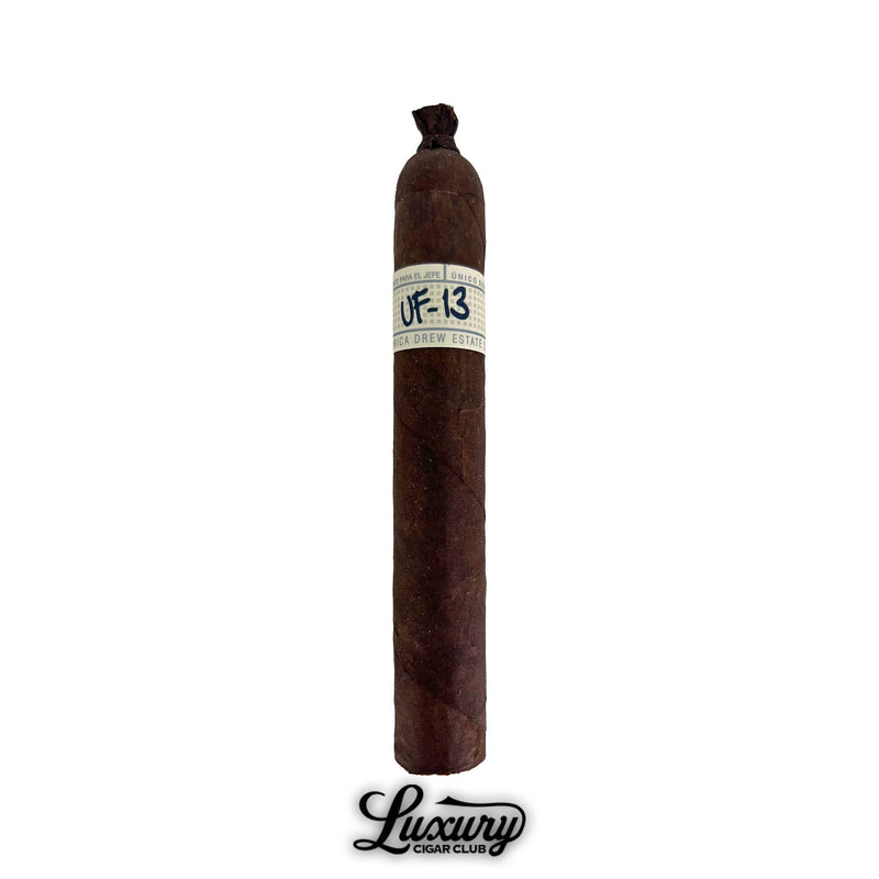 Single Liga Privada Único Series UF 13 Dark cigar with a bold dark wrapper, closed foot, pigtail cap, and distinct white “UF 13” band, pictured with Luxury Cigar Club branding.