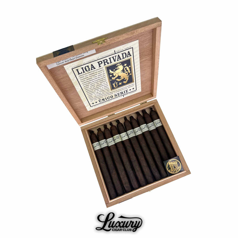 Open wooden box of Liga Privada Unico Series Velvet Rat cigars with dark wrappers and detailed white bands, available at Luxury Cigar Club.