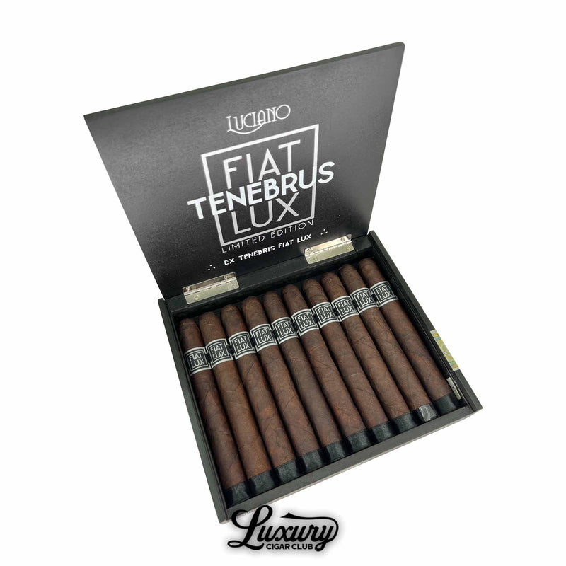 Luciano Fiat Lux Tenebrus Limited Edition cigars in an open black box, showcasing premium dark-wrapped luxury cigars from Luxury Cigar Club for online sale.