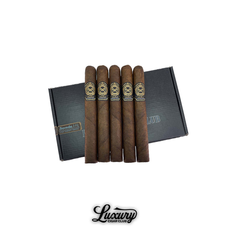 Luciano MXS Signature Dominique Wilkins cigars arranged in front of a black Luxury Cigar Club box, featuring rich brown wrappers and elegant black and gold bands.