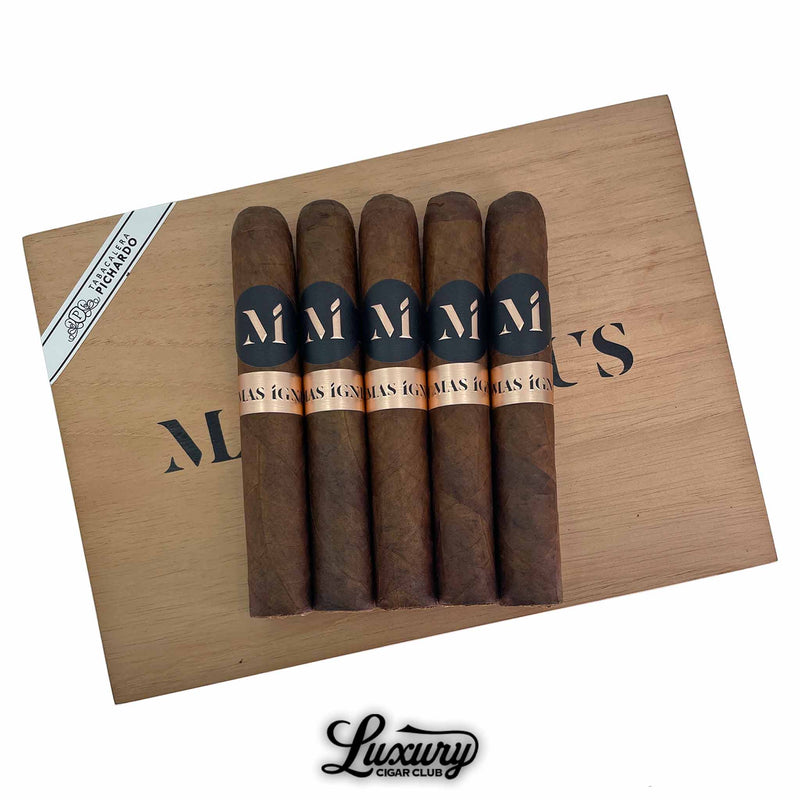 Five Luciano Mas Igneus Excelente cigars with dark brown wrappers and bold black and copper bands, elegantly arranged on a wooden box with Mas Igneus branding, from Luxury Cigar Club.