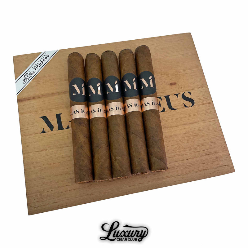 Five Luciano Mas Igneus Toro cigars with smooth brown wrappers and elegant black and copper bands, resting on a natural wood box with Mas Igneus branding, from Luxury Cigar Club.