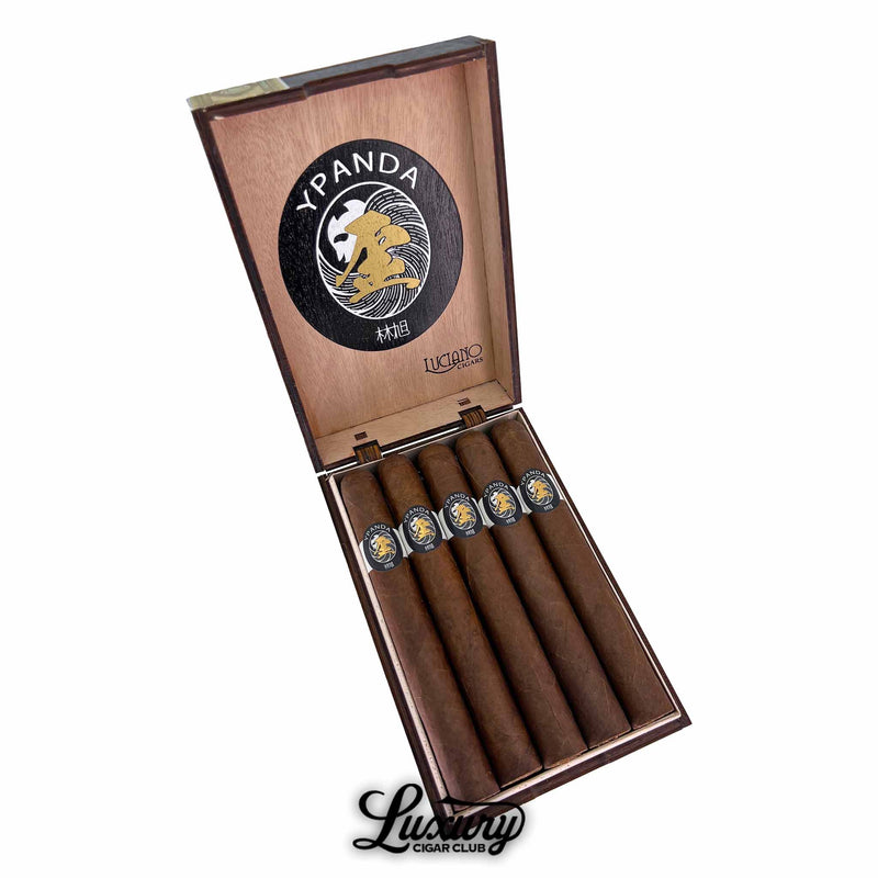 Open box of Luciano Y Panda Sublime cigars with five premium hand-rolled sticks featuring a black and gold panda band, displayed with Luxury Cigar Club branding.