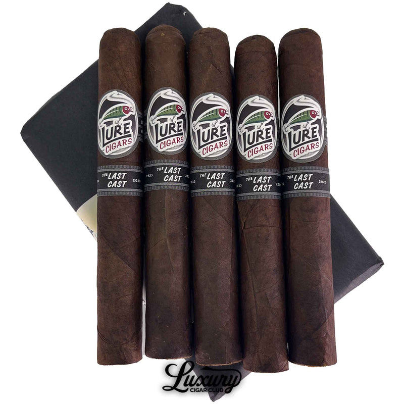 Close-up of Lure Cigars The Last Cast Limited Edition Toro – dark Connecticut Broadleaf wrapper and custom band – boutique premium cigars for sale.