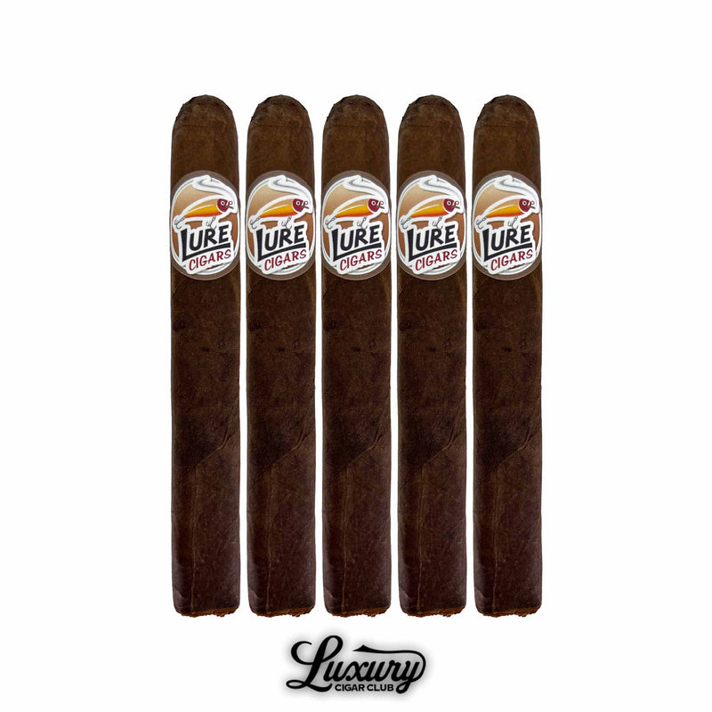 Five Lure Cigars “The Brown-E-Trout” Maduro cigars lined up to show the band design and rich wrapper color, presented by Luxury Cigar Club.
