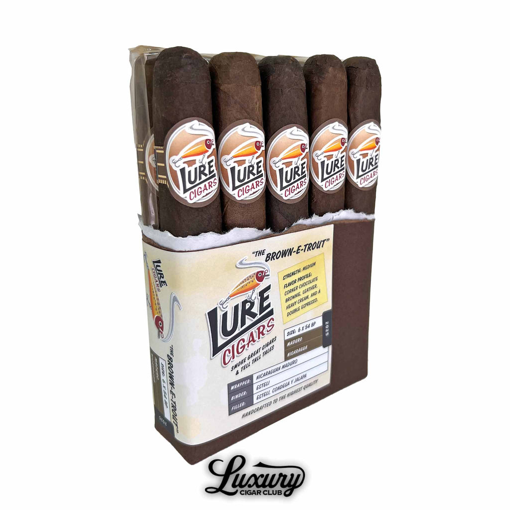 Close-up of Lure Cigars “The Brown-E-Trout” Maduro 5-pack showing the detailed label and handcrafted construction, available at Luxury Cigar Club.