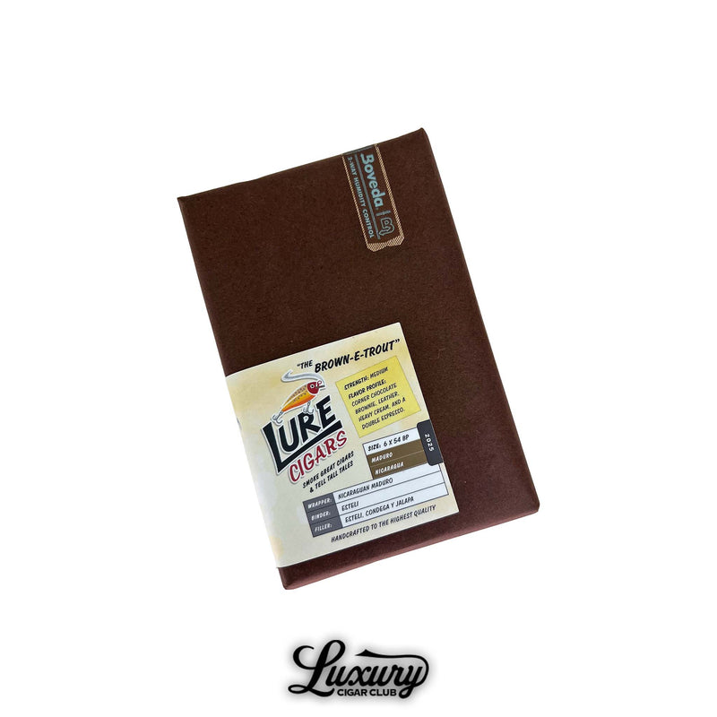 Lure Cigars “The Brown-E-Trout” Maduro bundle sealed in brown paper with flavor notes and details label, featured by Luxury Cigar Club.