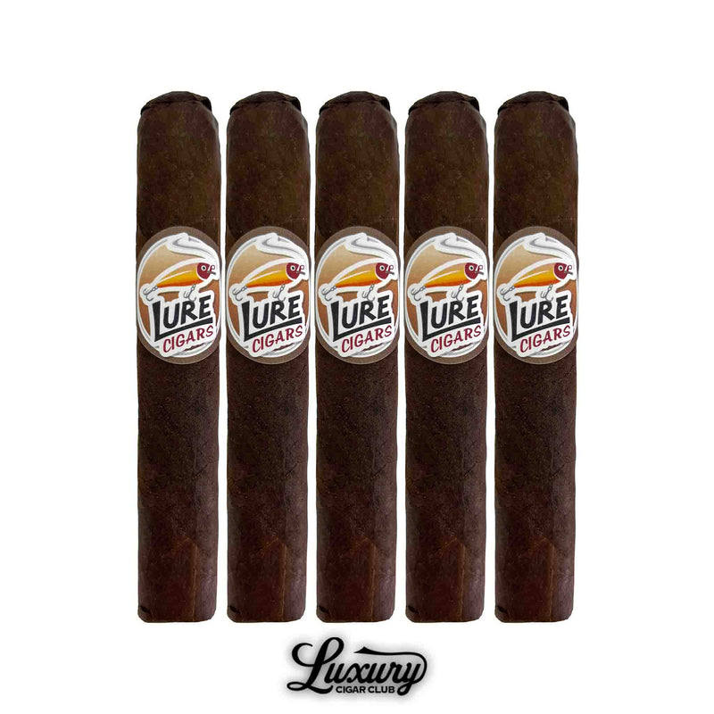 Five Lure Cigars “The Lil’ Trout” Maduro cigars displayed to highlight their dark wrapper and logo bands, featured by Luxury Cigar Club.