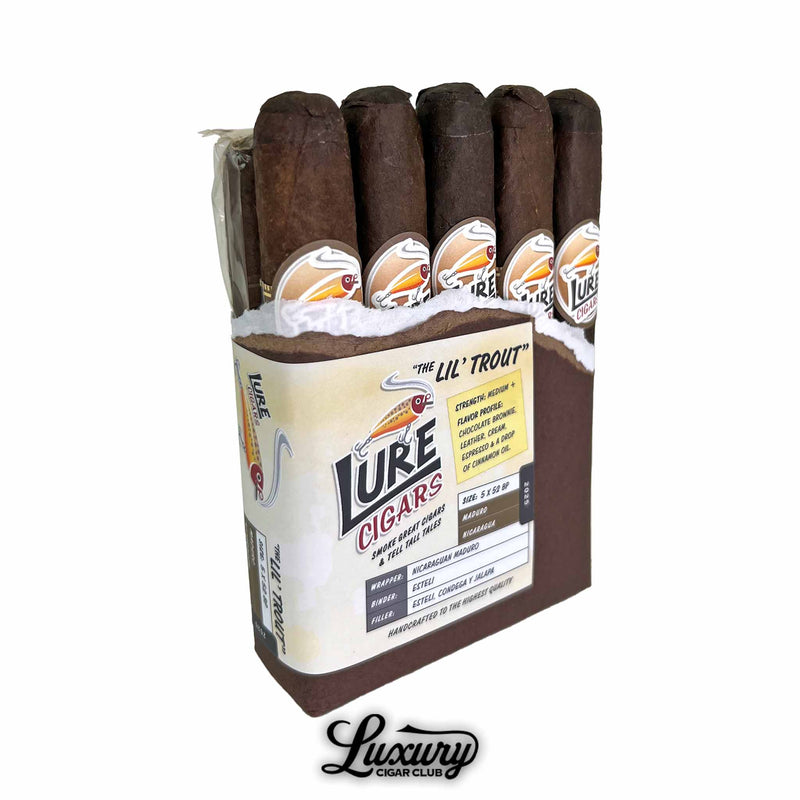 Lure Cigars “The Lil’ Trout” Maduro 5-pack close-up showcasing premium presentation and detailed branding, available at Luxury Cigar Club.
