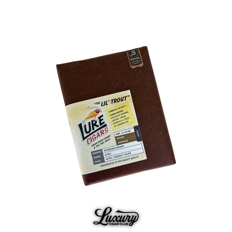 Lure Cigars “The Lil’ Trout” Maduro bundle in brown paper packaging with flavor notes and cigar specs label, offered by Luxury Cigar Club.