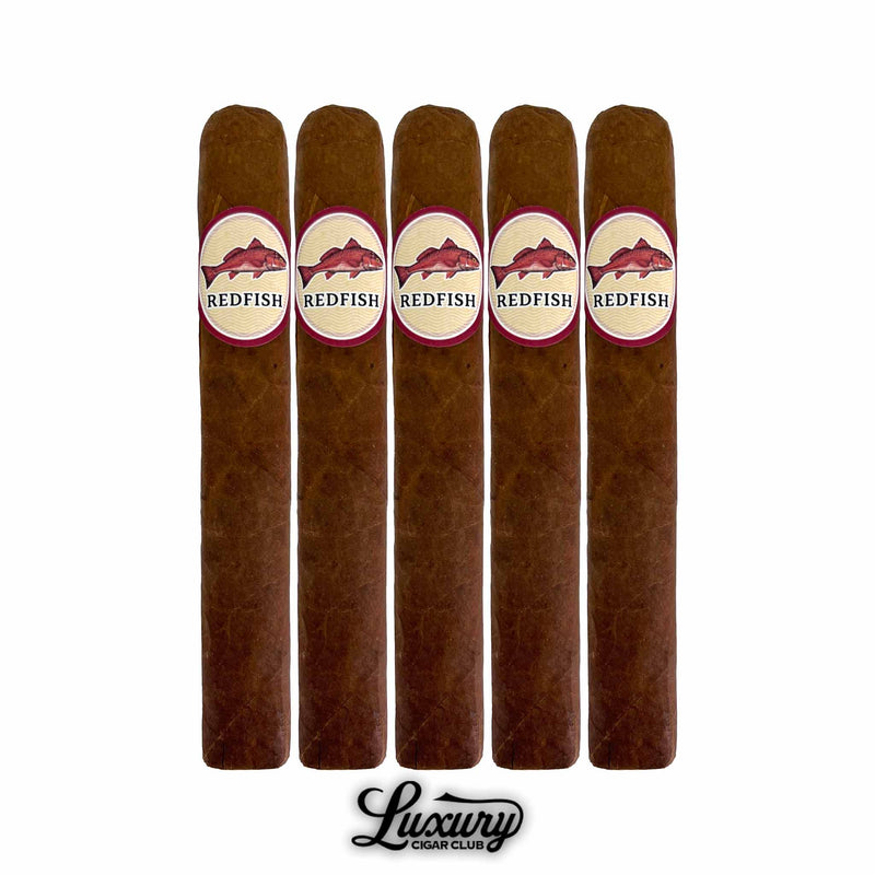 Five Lure & Valacari Redfish Toro Box Pressed cigars with redfish logo bands, handcrafted Nicaraguan premium cigars with Corojo Oscuro wrapper.