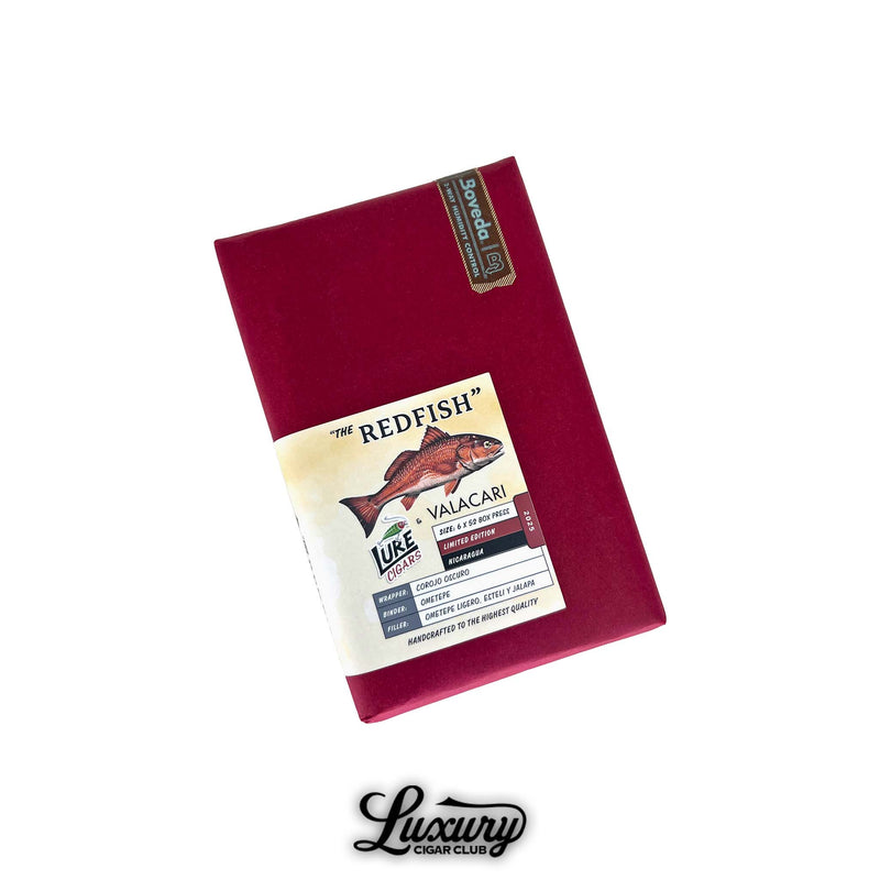 Lure & Valacari Redfish Limited Edition Toro Box Pressed cigar box sealed in red wrapping with illustrated fish label, premium Nicaraguan handmade cigars.