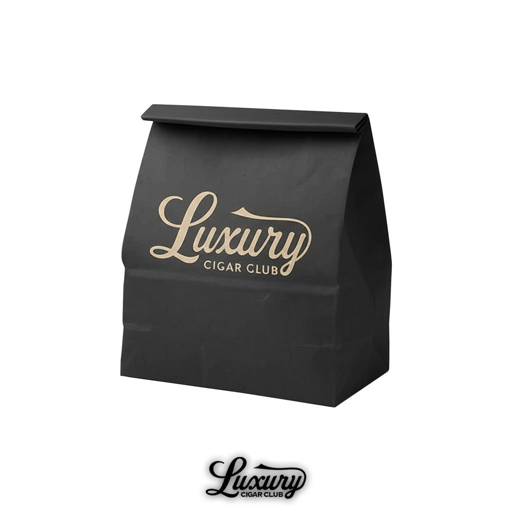 Black paper bag featuring the Luxury Cigar Club logo in gold, used for premium cigar packaging and presentation.
