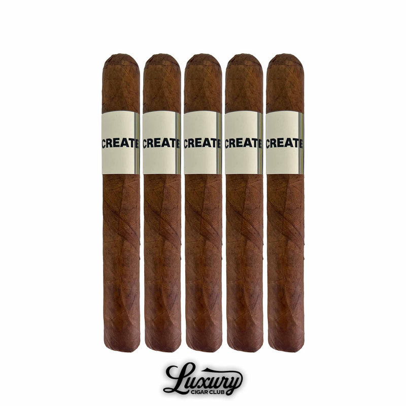 Five Luxury Cigar Club CREATE Toro cigars with clean white and black “CREATE” bands displayed in a row on a white background.