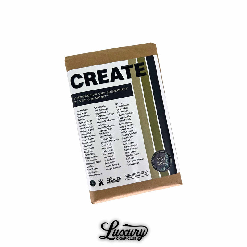 Luxury Cigar Club CREATE Toro cigars in brown paper packaging labeled “Blended for the community by the community,” featuring a clean black and gold design with a list of contributors.