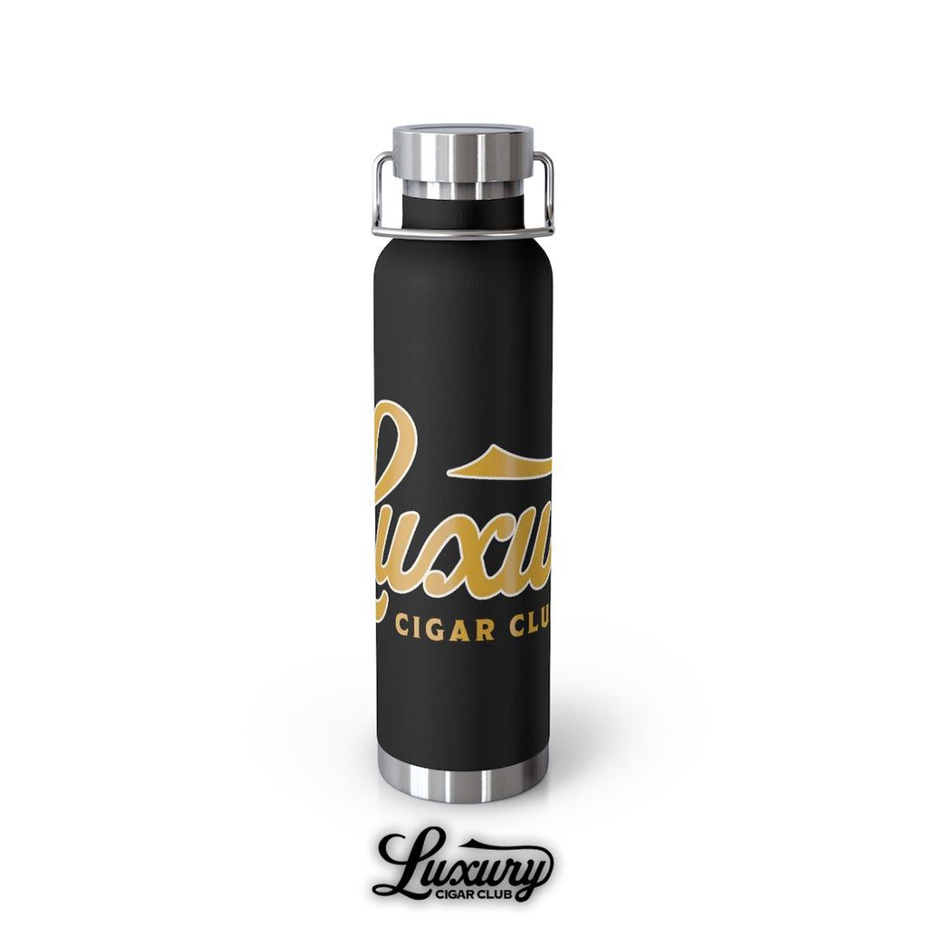 luxury cigar club copper vacuum 22oz insulated bottle black with gold logo front view