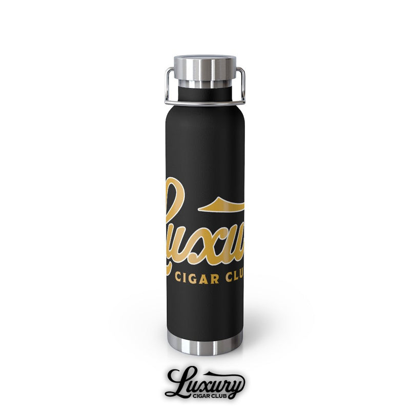 luxury cigar club copper vacuum 22oz insulated bottle black with gold logo front view