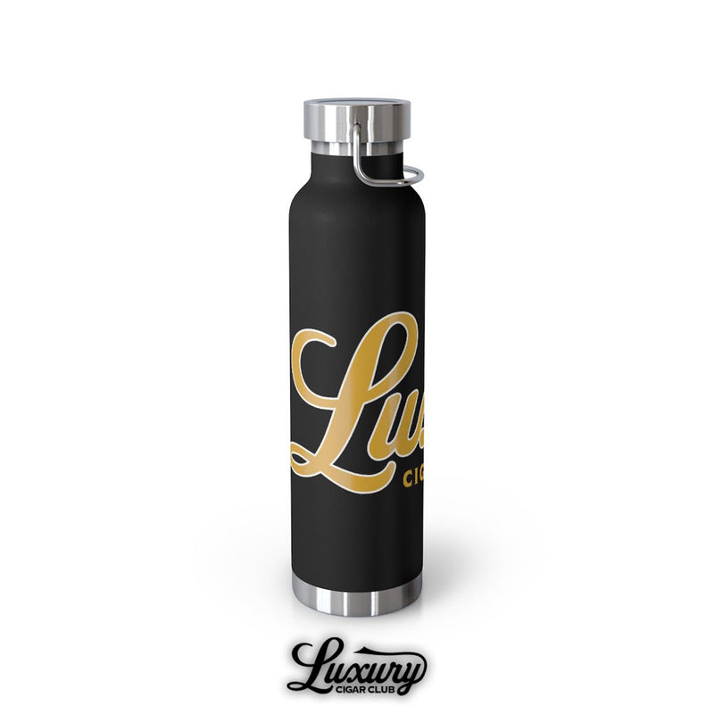 luxury cigar club copper vacuum 22oz insulated bottle black with gold logo angled side view