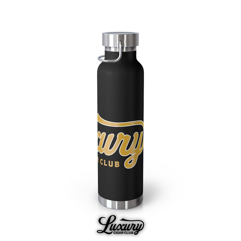 luxury cigar club copper vacuum 22oz insulated bottle black with gold script logo side view