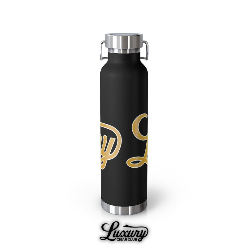 luxury cigar club copper vacuum 22oz insulated bottle black with gold logo back angle view