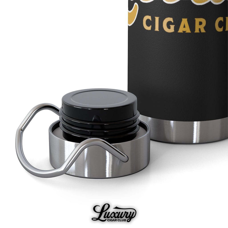 close up of stainless steel cap on luxury cigar club copper vacuum 22oz insulated bottle black