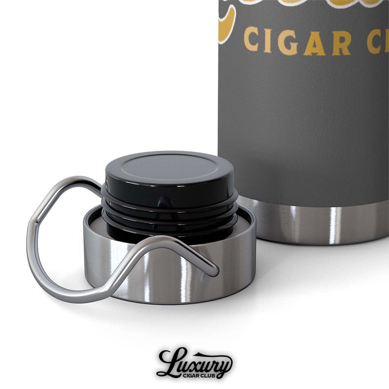 Luxury Cigar Club copper vacuum insulated 22oz bottle in matte grey close up of stainless steel lid and seal