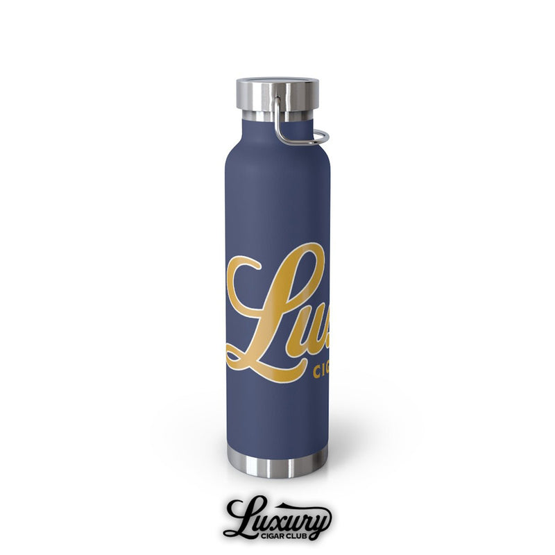 Side angled view of Luxury Cigar Club navy insulated bottle with gold lettering design