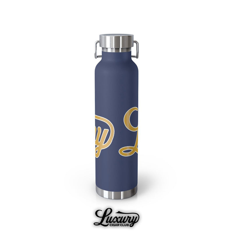 Rear side angle of Luxury Cigar Club navy insulated stainless steel bottle with partial gold lettering visible