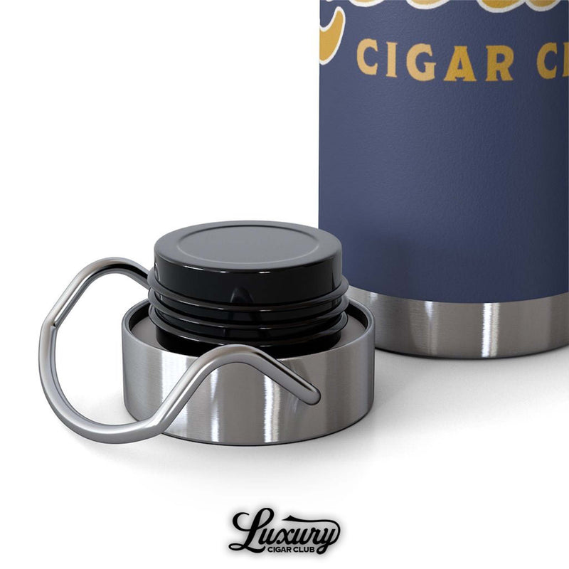 Close up of stainless steel screw top lid with black sealing insert and dual handle from Luxury Cigar Club insulated bottle