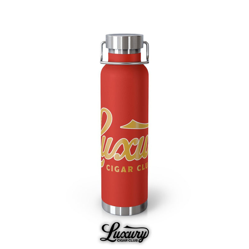 Luxury Cigar Club copper vacuum 22oz insulated bottle in vibrant red with gold logo front view stainless steel lid
