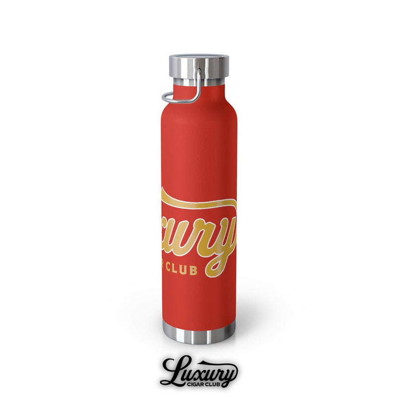 Luxury Cigar Club copper vacuum 22oz insulated bottle in red with bold gold script logo side profile stainless steel base