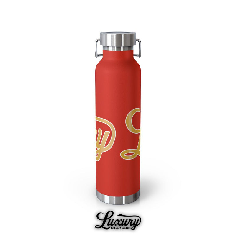 Luxury Cigar Club copper vacuum 22oz insulated bottle in red with gold logo rear angled view stainless steel lid