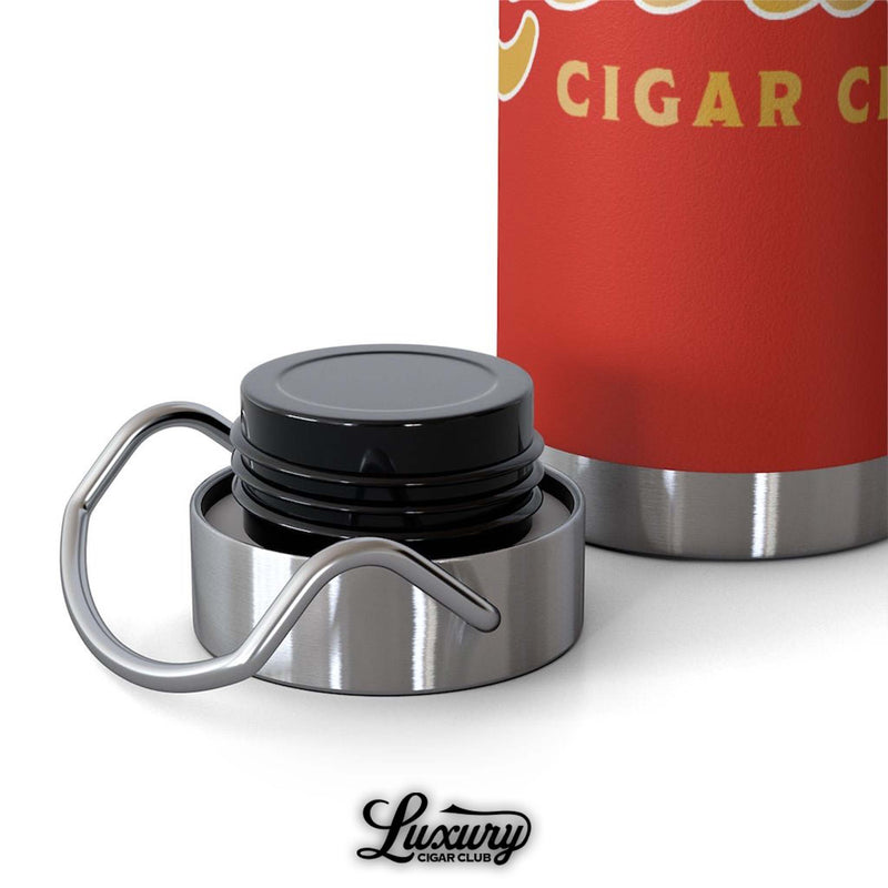 Close up of stainless steel lid with secure black seal and handle from Luxury Cigar Club red copper vacuum 22oz insulated bottle