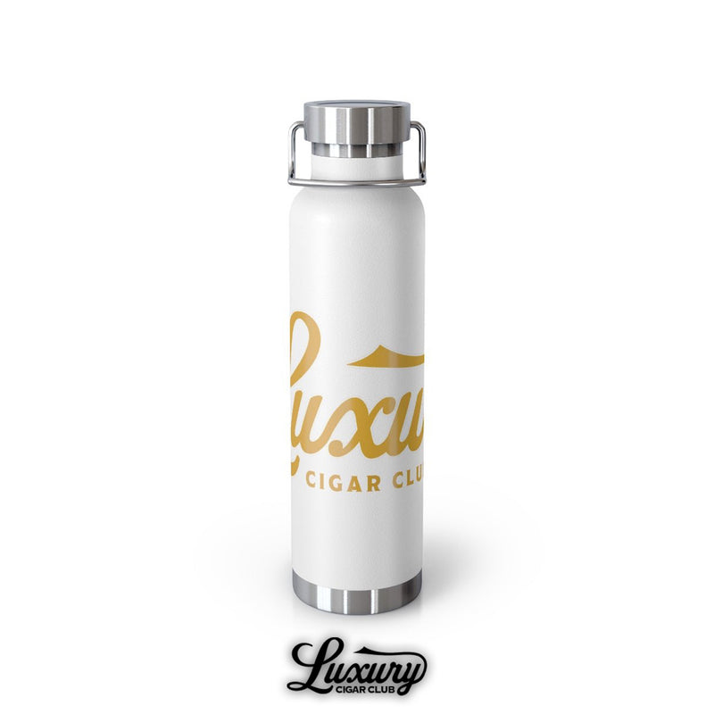 Luxury Cigar Club copper vacuum insulated bottle in white with gold script logo front view stainless steel lid