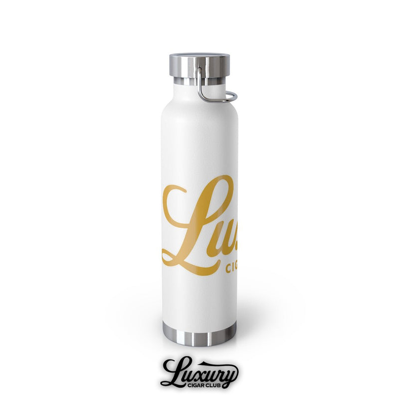 Luxury Cigar Club copper vacuum insulated bottle in white side view gold script logo stainless steel cap