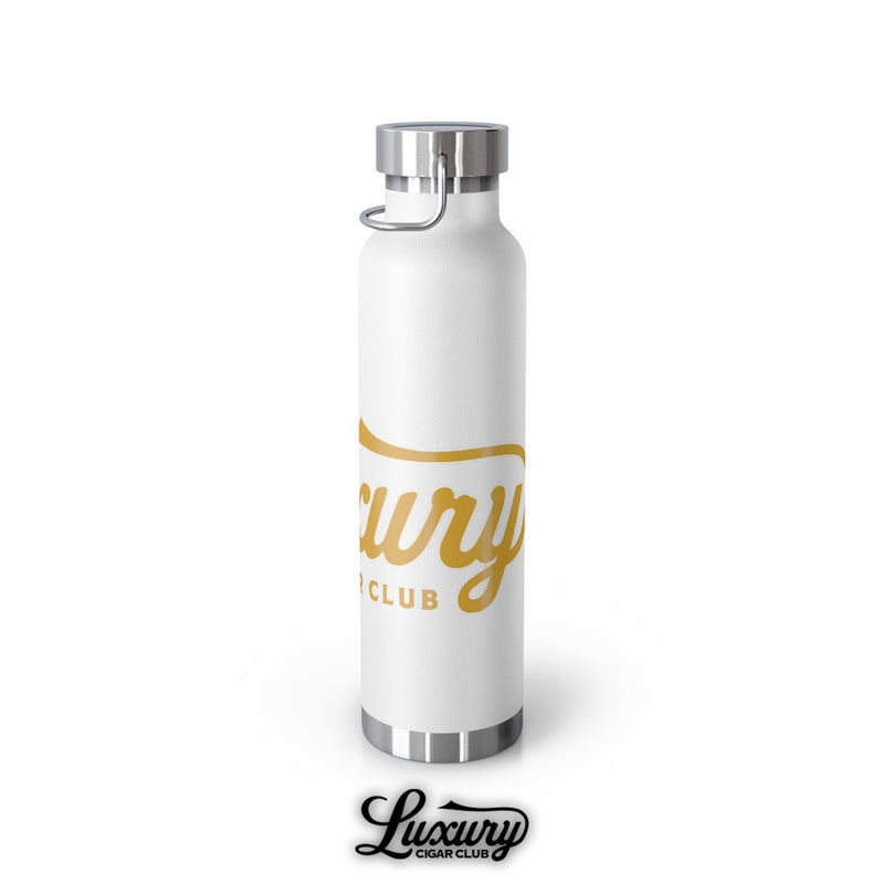 Luxury Cigar Club copper vacuum insulated bottle in white angled view with gold lettering and stainless steel accents