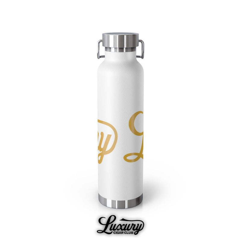 Luxury Cigar Club copper vacuum insulated bottle in white rear view with partial gold script logo and steel lid