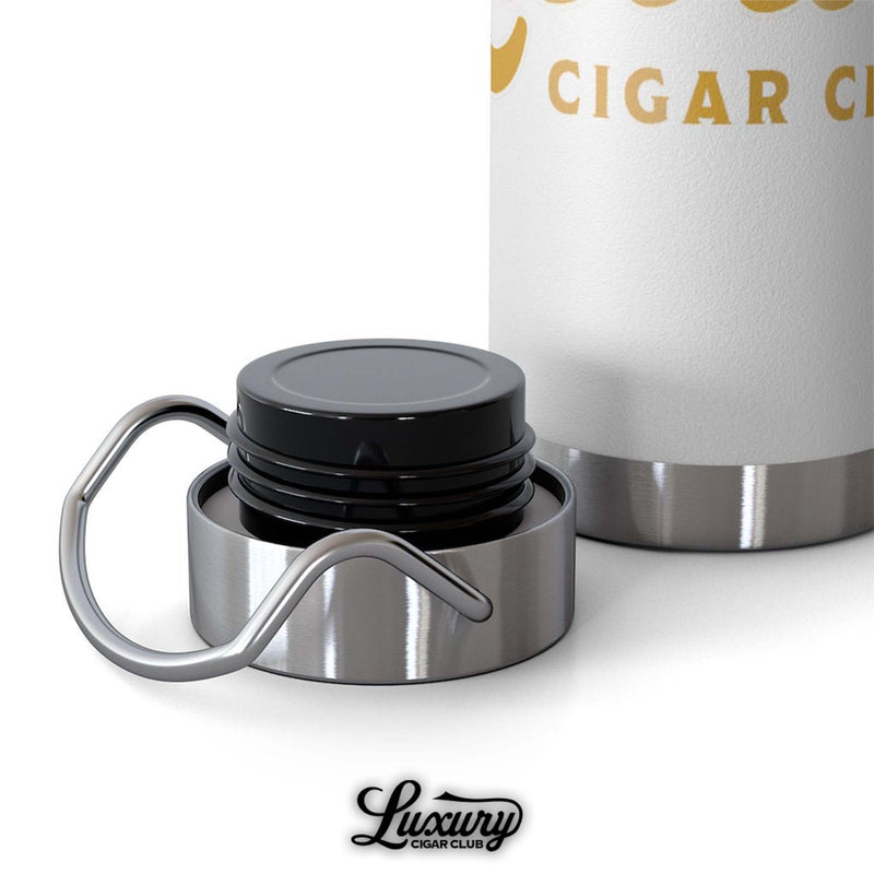 Luxury Cigar Club copper vacuum insulated bottle in white close up of stainless steel screw top lid and seal